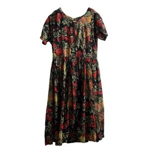 Vintage S Roberts Dress Womens 12 Black Sheer Fruit Print Maxi Grunge Goth